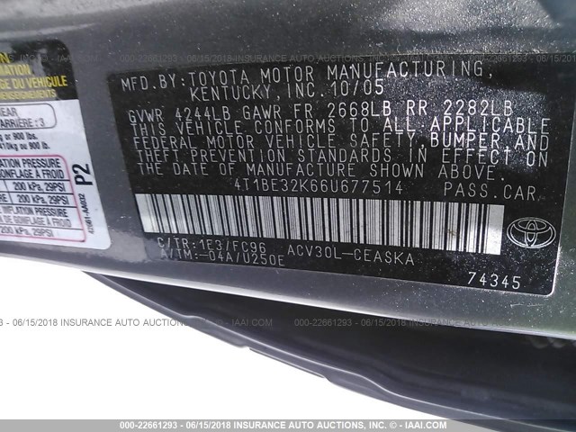 4T1BE32K66U677514 - 2006 TOYOTA CAMRY LE/XLE/SE 灰色 照片 9
