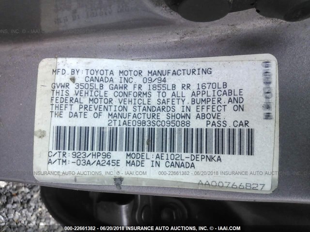 2T1AE09B3SC095088 - 1995 TOYOTA COROLLA LE/DX GRAY photo 9