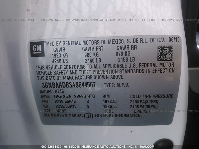 3GNBAADB3AS644567 - 2010 CHEVROLET HHR LS თეთრი ფოტო 9