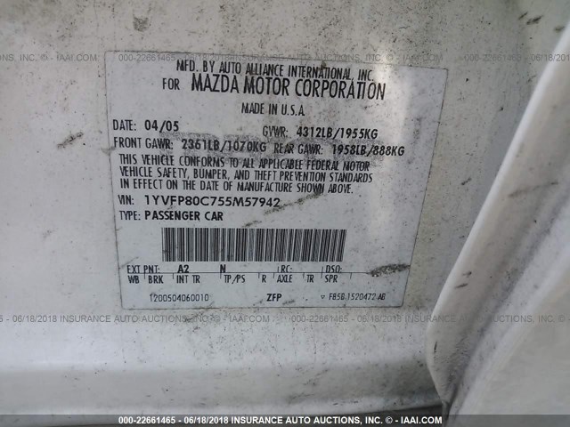 1YVFP80C755M57942 - 2005 MAZDA 6 I أبيض صورة 9