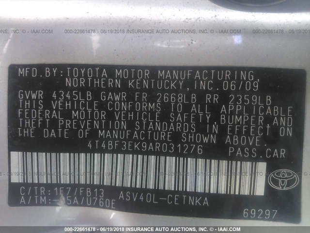 4T4BF3EK9AR031276 - 2010 TOYOTA CAMRY SE/LE/XLE SILVER photo 9