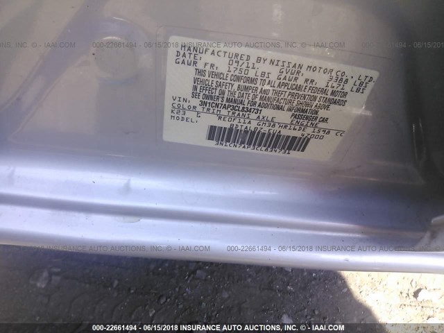 3N1CN7AP3CL834731 - 2012 NISSAN VERSA S/SV/SL SILVER photo 9