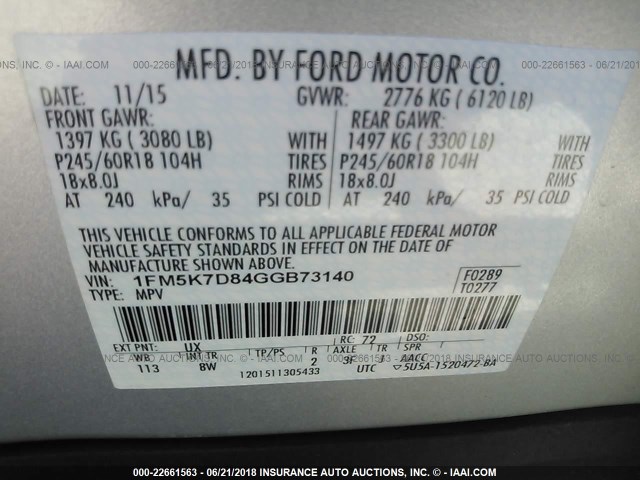 1FM5K7D84GGB73140 - 2016 FORD EXPLORER XLT SILVER photo 9