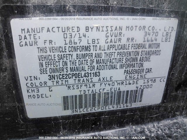 3N1CE2CP0EL431163 - 2014 NISSAN VERSA NOTE S/S PLUS/SV/SL BLACK photo 9