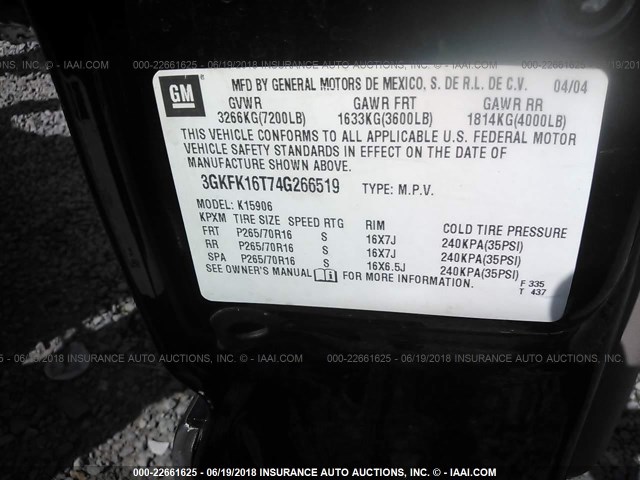 3GKFK16T74G266519 - 2004 GMC YUKON XL K1500 BLACK photo 9