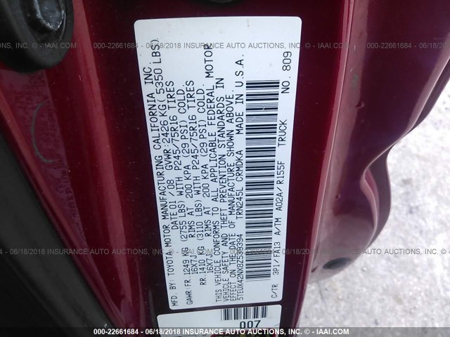 5TEUX42NX8Z539394 - 2008 TOYOTA TACOMA ACCESS CAB RED photo 9