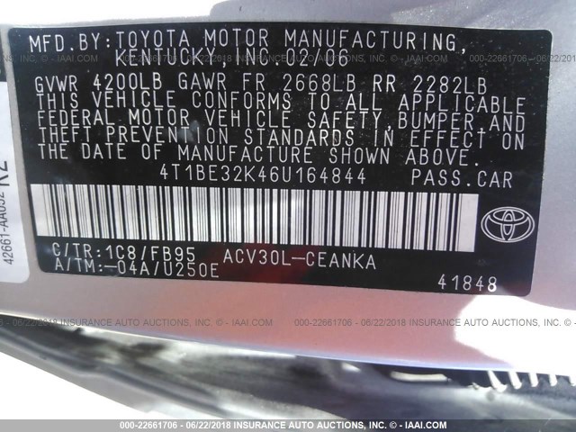 4T1BE32K46U164844 - 2006 TOYOTA CAMRY LE/XLE/SE 银色 照片 9
