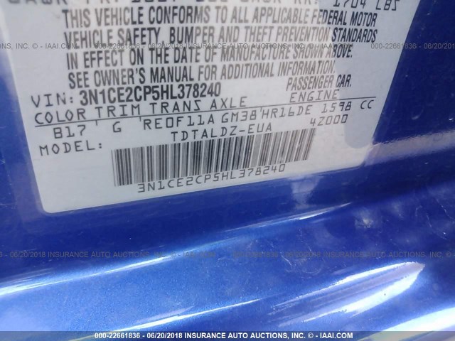 3N1CE2CP5HL378240 - 2017 NISSAN VERSA NOTE S/S PLUS/SV/SL/SR BLUE photo 9