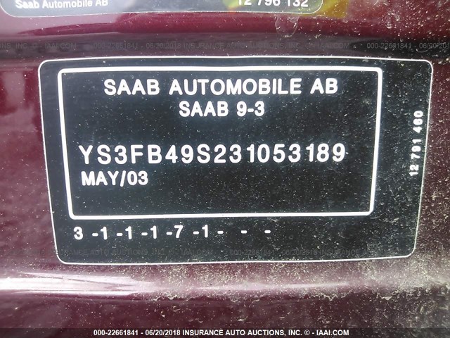 YS3FB49S231053189 - 2003 SAAB 9-3 LINEAR BURGUNDY photo 9