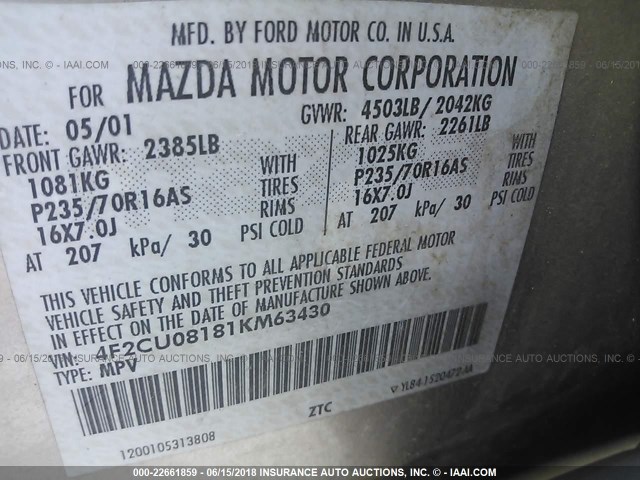 4F2CU08181KM63430 - 2001 MAZDA TRIBUTE LX/ES 棕色 照片 9