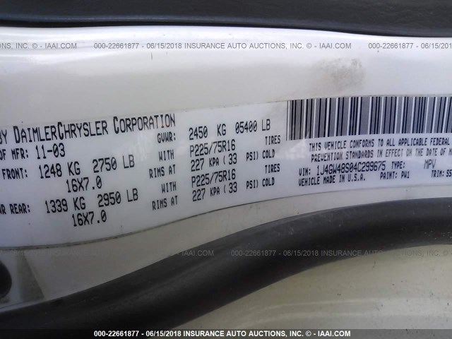 1J4GW48S04C299675 - 2004 JEEP GRAND CHEROKEE LAREDO/COLUMBIA/FREEDOM 白色 照片 9