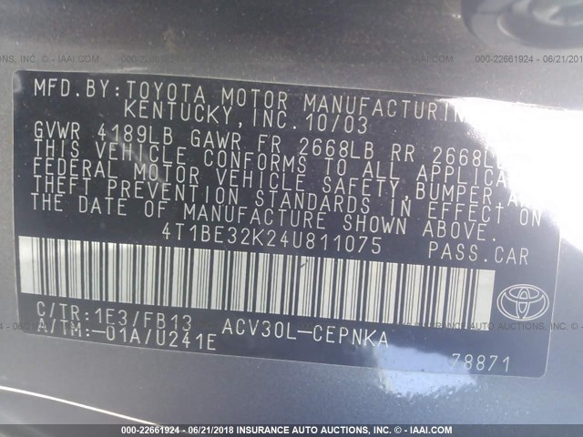 4T1BE32K24U811075 - 2004 TOYOTA CAMRY LE/XLE/SE Boz foto 9