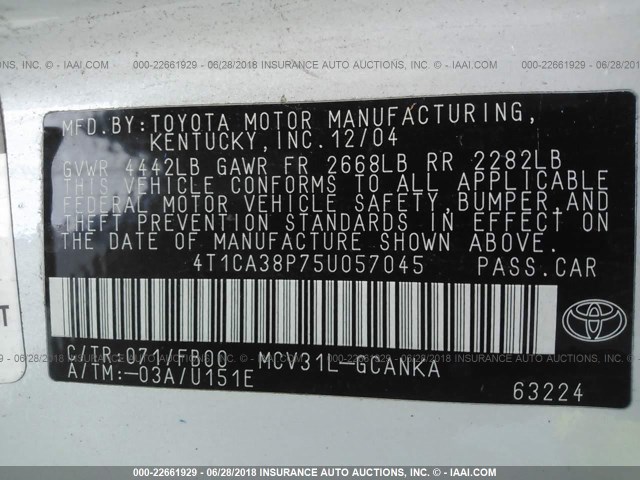 4T1CA38P75U057045 - 2005 TOYOTA CAMRY SOLARA SE/SLE თეთრი ფოტო 9
