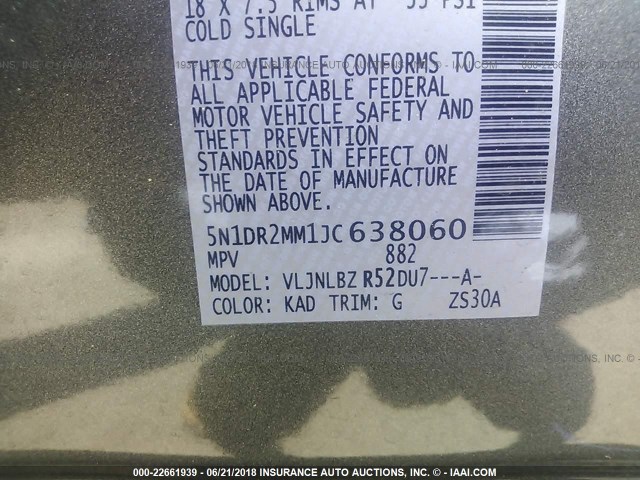 5N1DR2MM1JC638060 - 2018 NISSAN PATHFINDER S/SV/SL/PLATINUM 灰色 照片 9