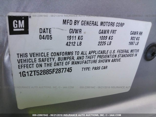 1G1ZT52885F287745 - 2005 CHEVROLET MALIBU LS ვერცხლისფერი ფოტო 9