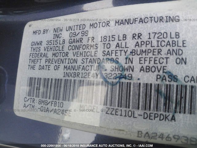 1NXBR12E4YZ322749 - 2000 TOYOTA COROLLA VE/CE/LE 蓝色 照片 9