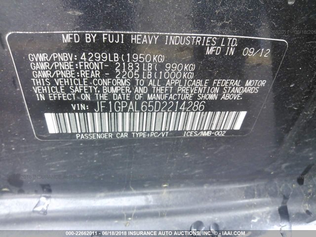 JF1GPAL65D2214286 - 2013 SUBARU IMPREZA SPORT PREMIUM GRAY photo 9