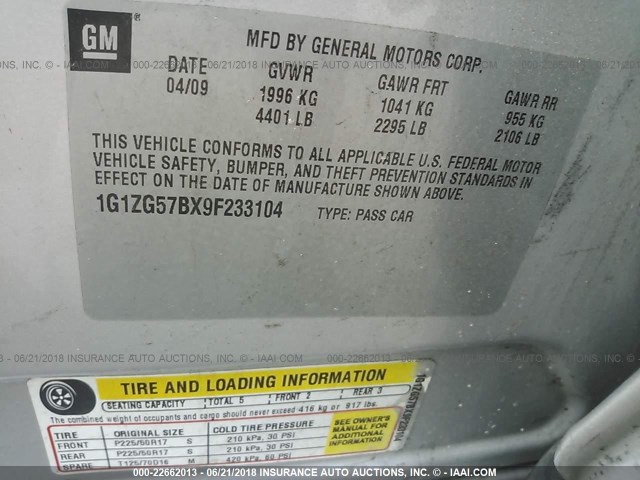 1G1ZG57BX9F233104 - 2009 CHEVROLET MALIBU LS SILVER photo 9