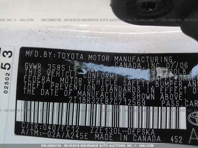 2T1BR32E87C712569 - 2007 TOYOTA COROLLA CE/LE/S WHITE photo 9