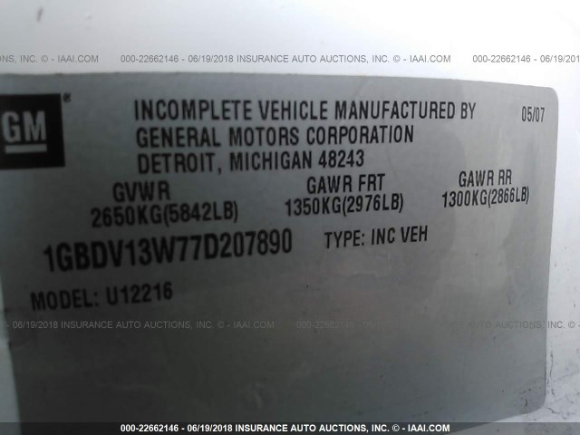 1GBDV13W77D207890 - 2007 CHEVROLET UPLANDER INCOMPLETE WHITE photo 9