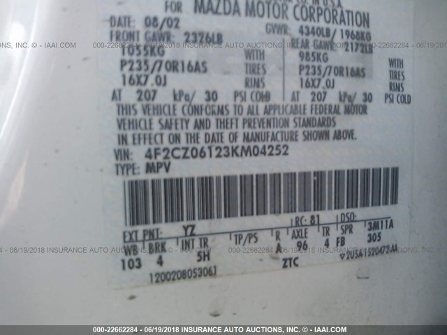 4F2CZ06123KM04252 - 2003 MAZDA TRIBUTE ES 白色 照片 9