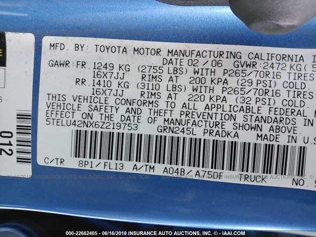 5TELU42NX6Z219753 - 2006 TOYOTA TACOMA DOUBLE CAB ლურჯი ფოტო 9