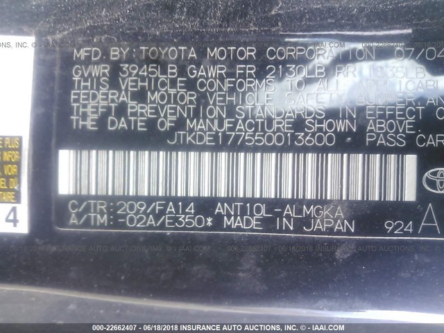 JTKDE177550013600 - 2005 TOYOTA SCION TC 黑色 照片 9