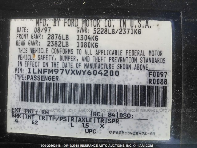 1LNFM97VXWY604200 - 1998 LINCOLN CONTINENTAL  Koyu mavi fotoğraf 9