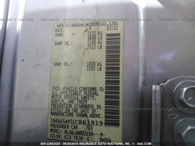 1N4AA5AP5CC861919 - 2012 NISSAN MAXIMA S/SV SILVER photo 9