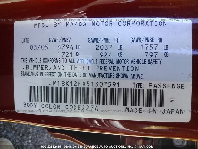 JM1BK12FX51307591 - 2005 MAZDA 3 I RED photo 9