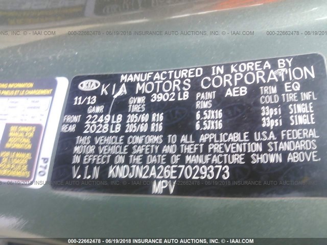 KNDJN2A26E7029373 - 2014 KIA SOUL GREEN photo 9