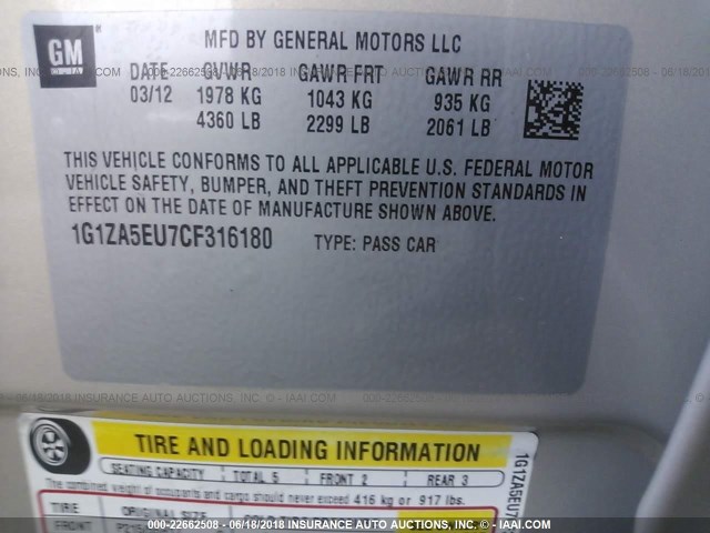 1G1ZA5EU7CF316180 - 2012 CHEVROLET MALIBU LS GOLD photo 9