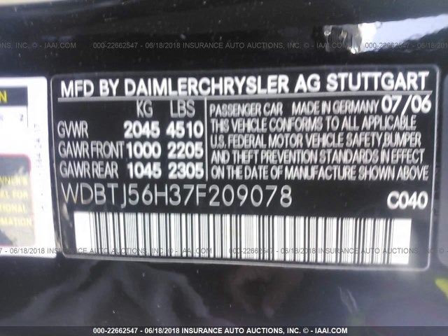 WDBTJ56H37F209078 - 2007 MERCEDES-BENZ CLK 350 BLACK photo 9