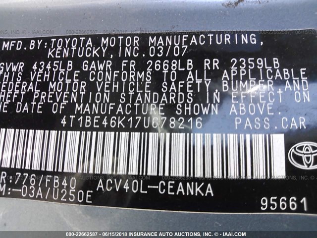 4T1BE46K17U678216 - 2007 TOYOTA CAMRY NEW GENERAT CE/LE/XLE/SE GREEN photo 9