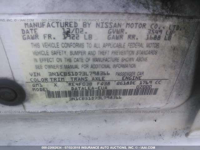 3N1CB51D73L798366 - 2003 NISSAN SENTRA XE/GXE WHITE photo 9