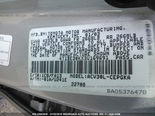 4T1BE30KX3U169691 - 2003 TOYOTA CAMRY LE/XLE/SE Boz foto 9