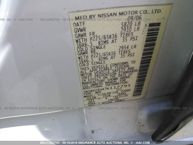 5N1BV28U47N117795 - 2007 NISSAN QUEST S/SE/SL WHITE photo 9