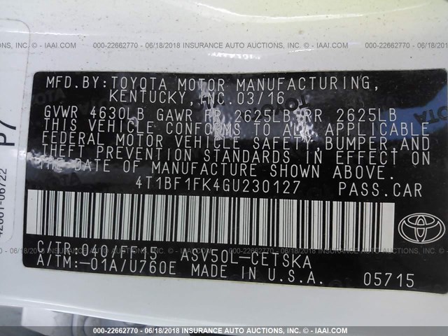 4T1BF1FK4GU230127 - 2016 TOYOTA CAMRY LE/XLE/SE/XSE 白色 照片 9