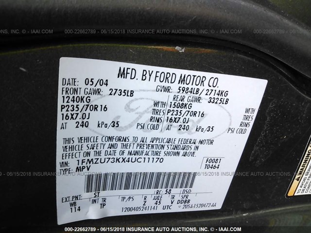 1FMZU73KX4UC11170 - 2004 FORD EXPLORER XLT/XLT SPORT/NBX 绿色 照片 9