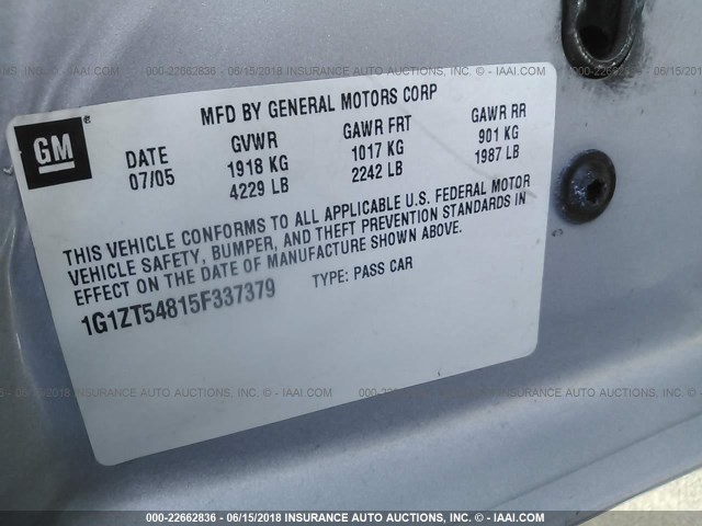 1G1ZT54815F337379 - 2005 CHEVROLET MALIBU LS 银色 照片 9