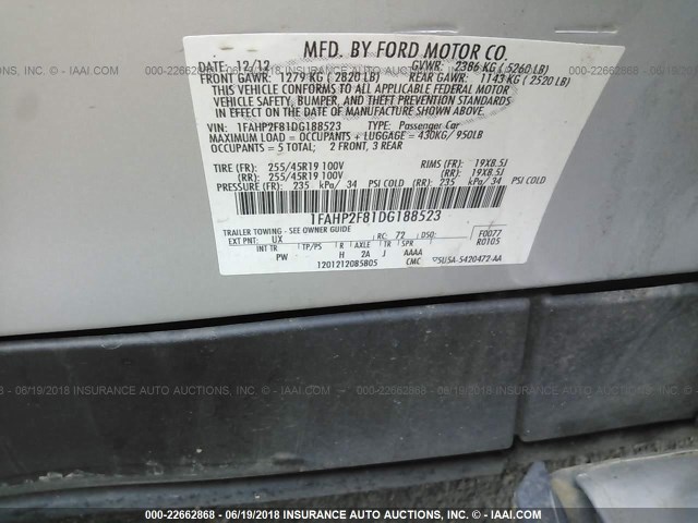 1FAHP2F81DG188523 - 2013 FORD TAURUS LIMITED SILVER photo 9