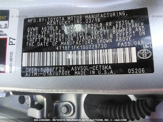 4T1BF1FK1GU229730 - 2016 TOYOTA CAMRY LE/XLE/SE/XSE SILVER photo 9