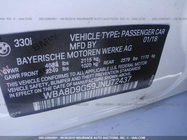 WBA8D9G59JNU72437 - 2018 BMW 330 XI 白色 照片 9