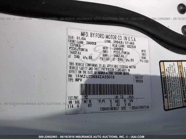 1FMZU73K84ZA55018 - 2004 FORD EXPLORER XLT/XLT SPORT/NBX 白色 照片 9