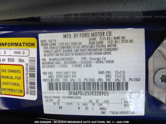 3FA6P0LU5ER328905 - 2014 FORD FUSION SE HYBRID BLUE photo 9