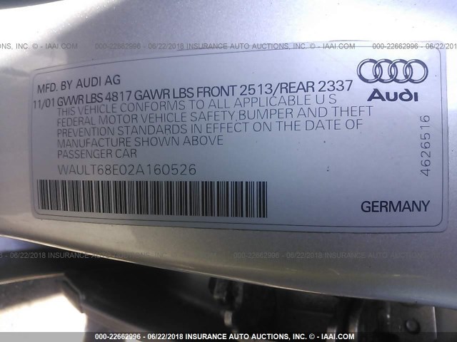 WAULT68E02A160526 - 2002 AUDI A4 3.0 QUATTRO SILVER photo 9