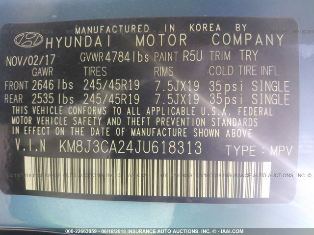 KM8J3CA24JU618313 - 2018 HYUNDAI TUCSON LIMITED/SPORT AND ECO/SE BLUE photo 9