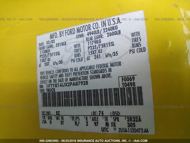 1FTYR14UX2PA87928 - 2002 FORD RANGER SUPER CAB YELLOW photo 9