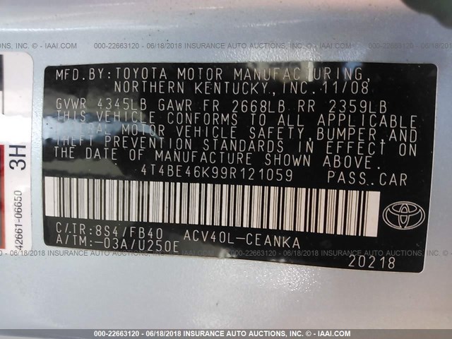 4T4BE46K99R121059 - 2009 TOYOTA CAMRY SE/LE/XLE Light Blue photo 9