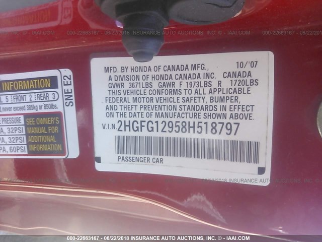 2HGFG12958H518797 - 2008 HONDA CIVIC EXL 红色 照片 9